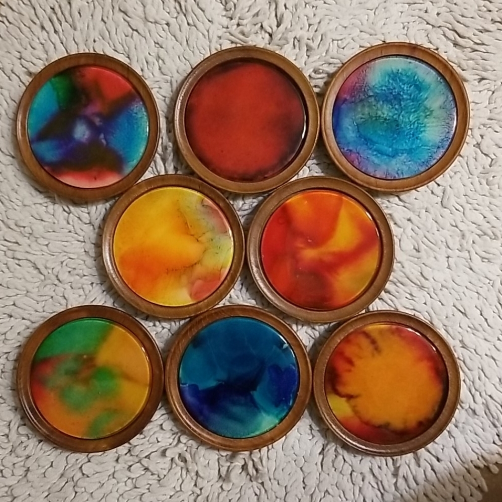 Wood & marble inlay multicolore Coasters 8 PC set